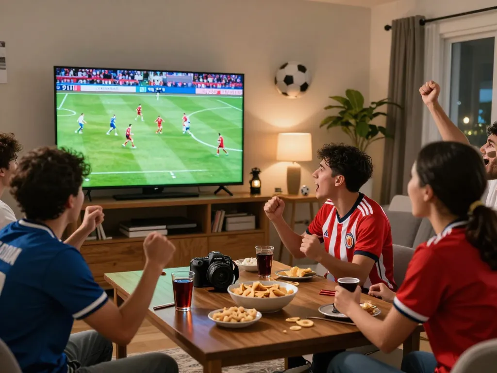 Cakhia fans enjoying a thrilling soccer match together in a cozy living room.