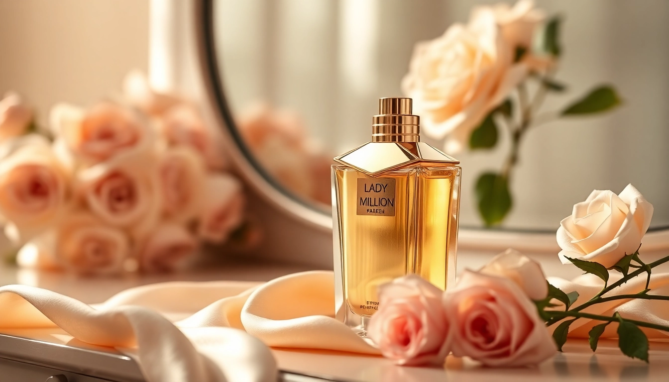 Experience the elegance of lady million perfume, showcased against beautiful floral decor for a luxurious feel.