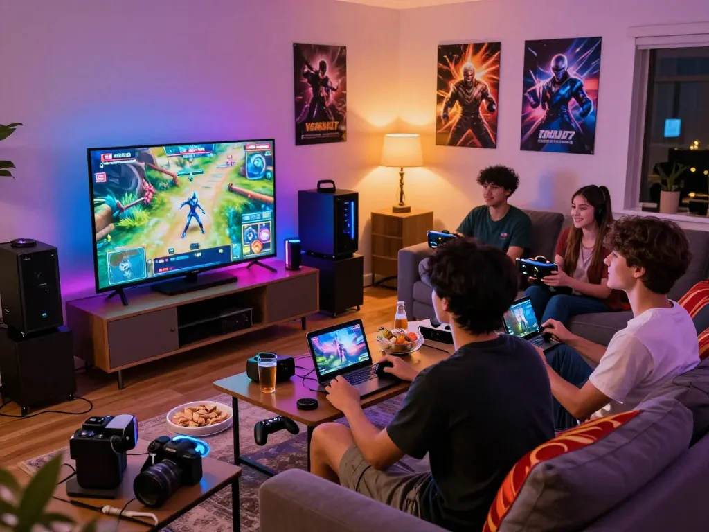 Group playing online games with excitement on VEGASSLOT77 in a vibrant home setting.