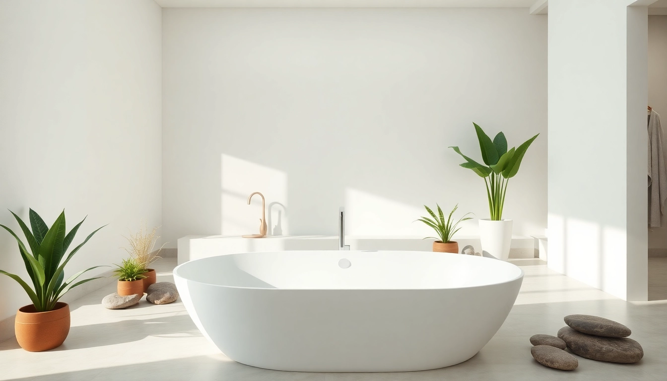 Vasca da bagno moderna in un ambiente elegante e rilassante con piante e luce soffusa.