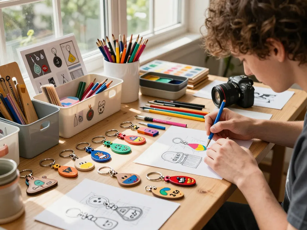 Artisan crafting custom keychains with vibrant materials and tools