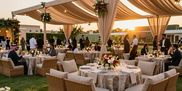 Event furniture rental setup with elegant tables and lounge seating in a beautiful outdoor setting, enhancing event ambiance.