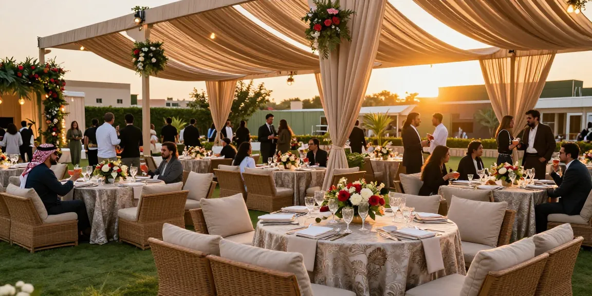 Event furniture rental setup with elegant tables and lounge seating in a beautiful outdoor setting, enhancing event ambiance.