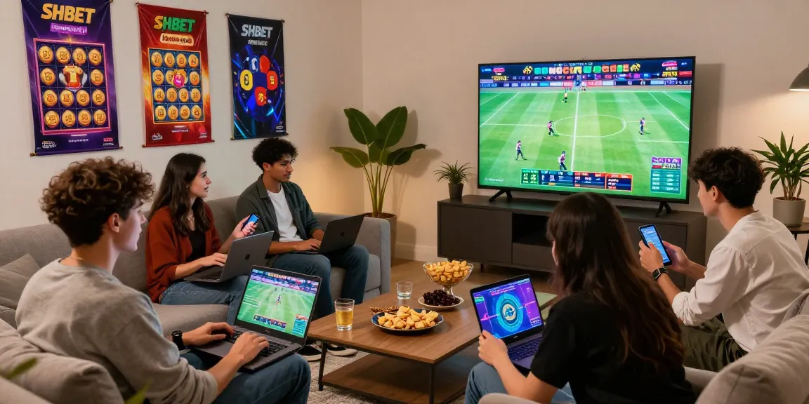 Friends enjoying SHBET online gambling on laptops in a cozy home setting.