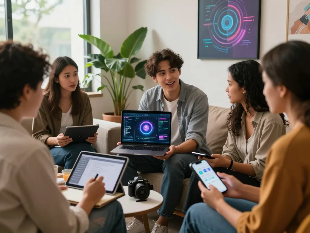 Engaging discussion on sex AI technologies among diverse individuals in a modern workspace.