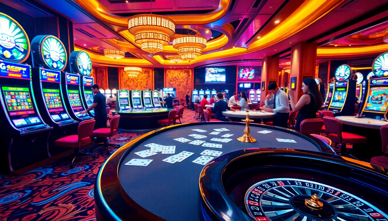 Players enjoying various gaming options at 8qbet casino with vibrant atmosphere and luxury.