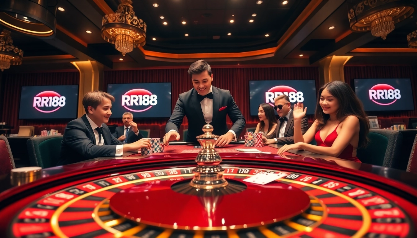 Experience RR88's vibrant casino atmosphere with roulette wheels and poker excitement.