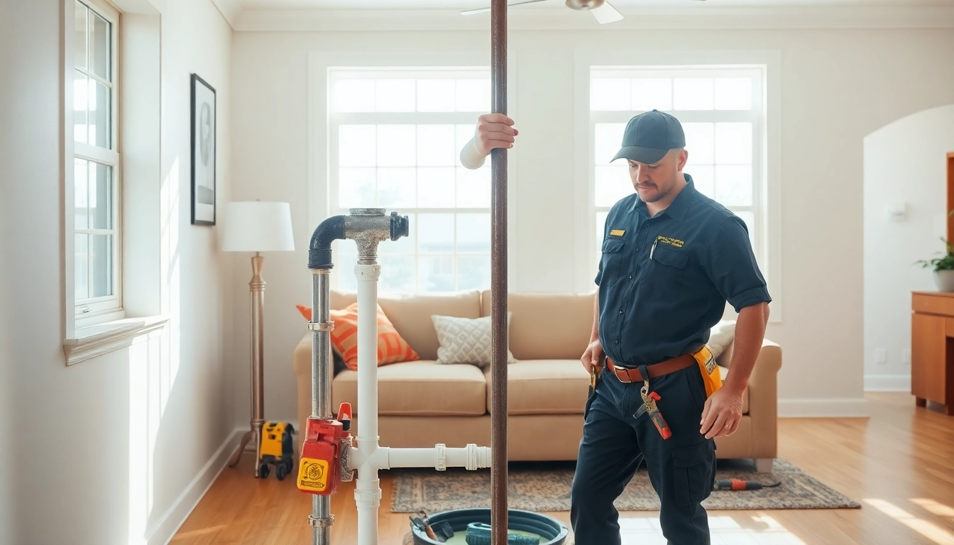 Plumber performing whole house repiping services Clearwater FL in a bright, modern living room.