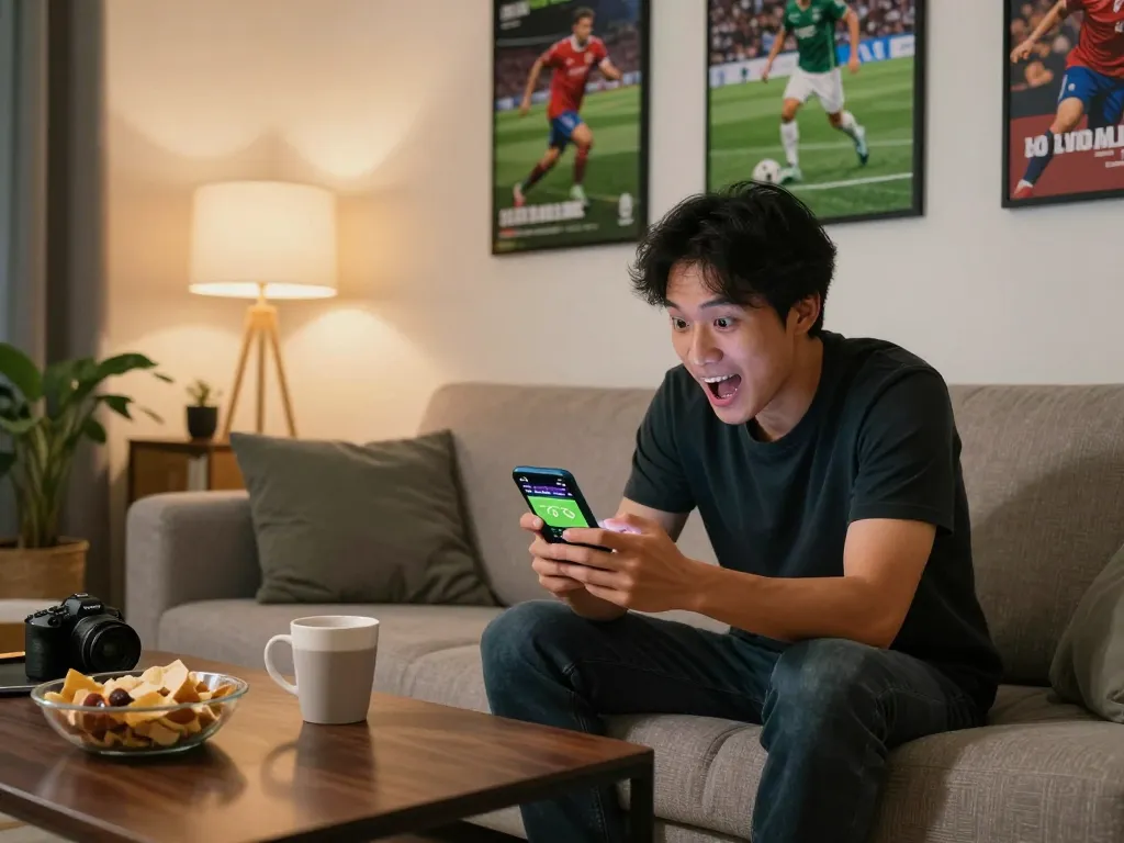 Engaged user placing bets on bóng đá lu matches via smartphone in a cozy setting