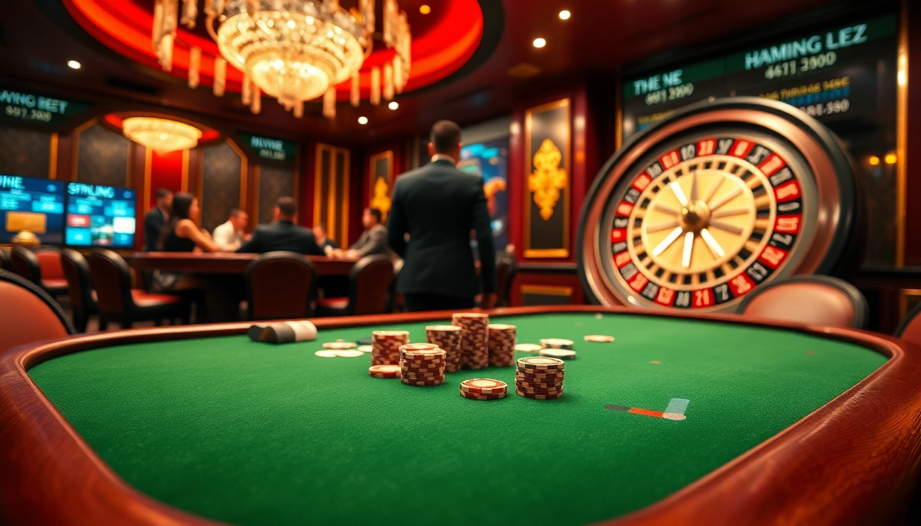 Players engaging with poker chips and cards at a casino table, highlighting the thrill of 168vn gambling.