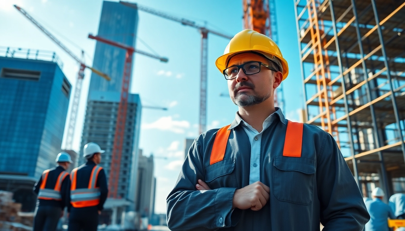 New York City General Contractor supervising construction work with a skyscraper backdrop.