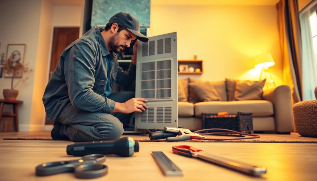Technician conducting furnace repair near me, showcasing expertise in a cozy living room.