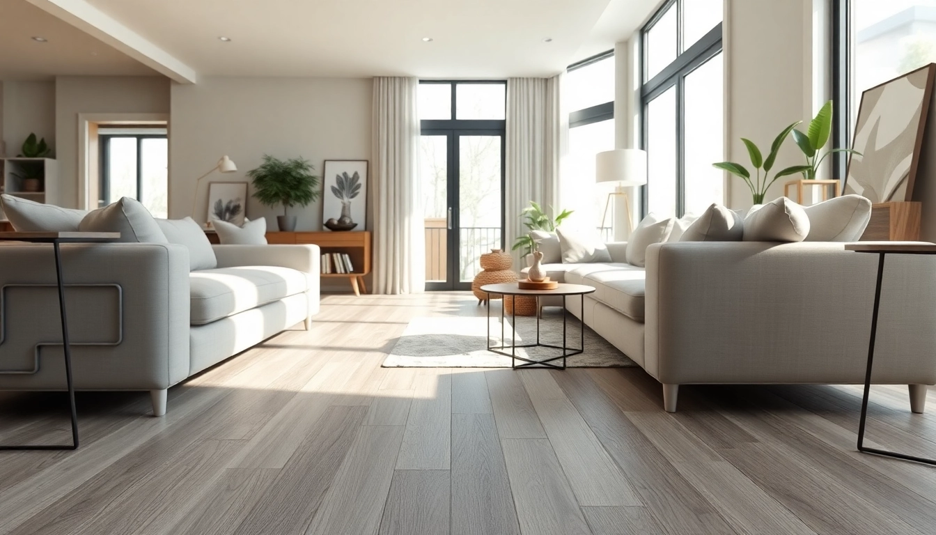 Elegant living room with grey oak LVP flooring showcasing chic elements in Chicago flooring.