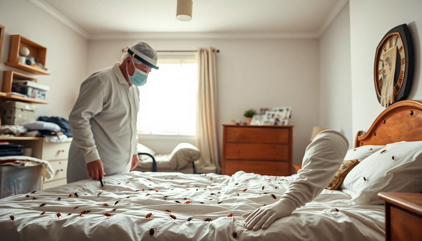 Engaging bed bug pest control specialist demonstrating removal techniques in a bedroom.