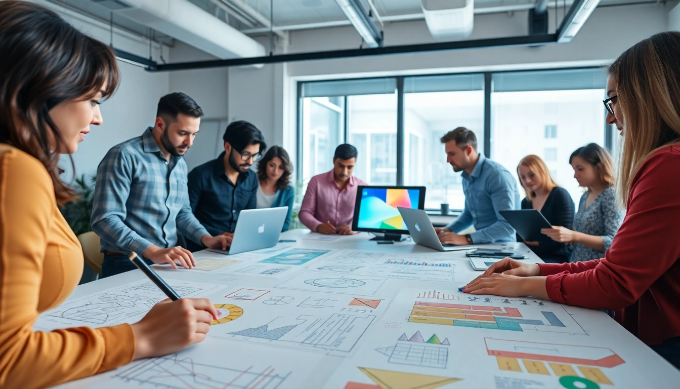 Team brainstorming creative concept development strategies in a dynamic workspace.