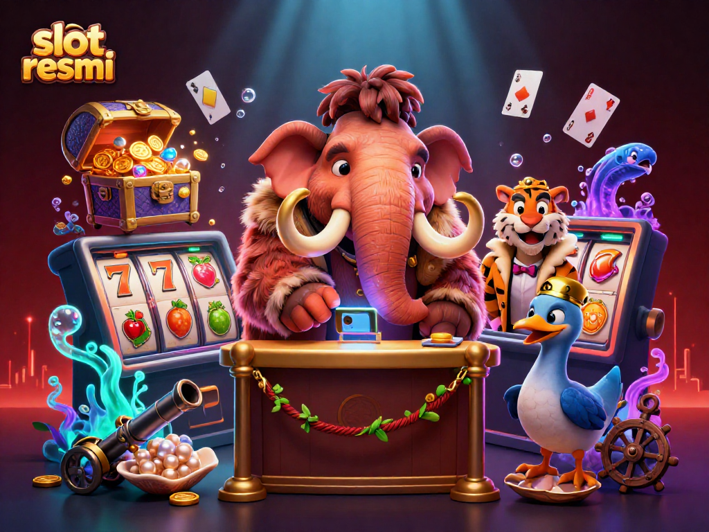 Experience excitement at slot resmi with a vibrant illustration featuring a mammoth bouncer and treasure.