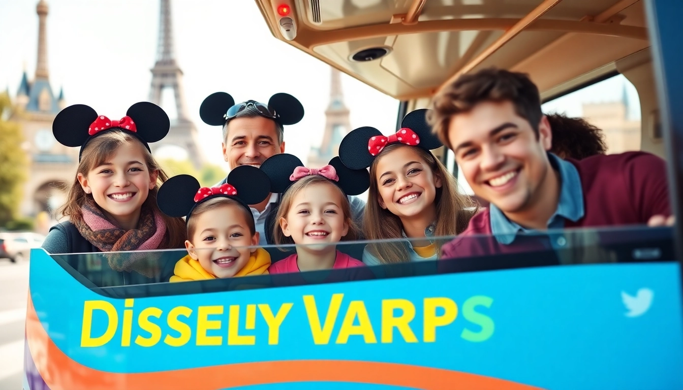 Experience Disneyland Paris airport transfer services with joyful family traveling in colorful shuttle.