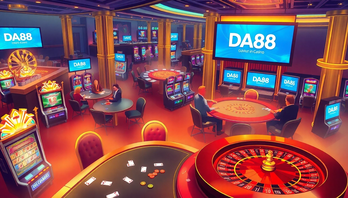 Players enjoying games at a high-end casino featuring DA88 branding and vibrant tables.