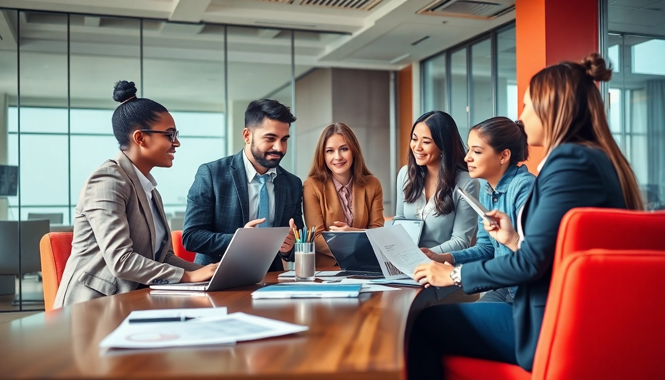 Professionals discussing AI for competitive intelligence in a modern office environment.