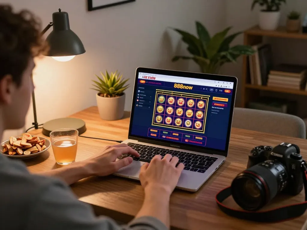 Player enjoying an online slot game on 888now com, showcasing a cozy gaming setup with strategic engagement.