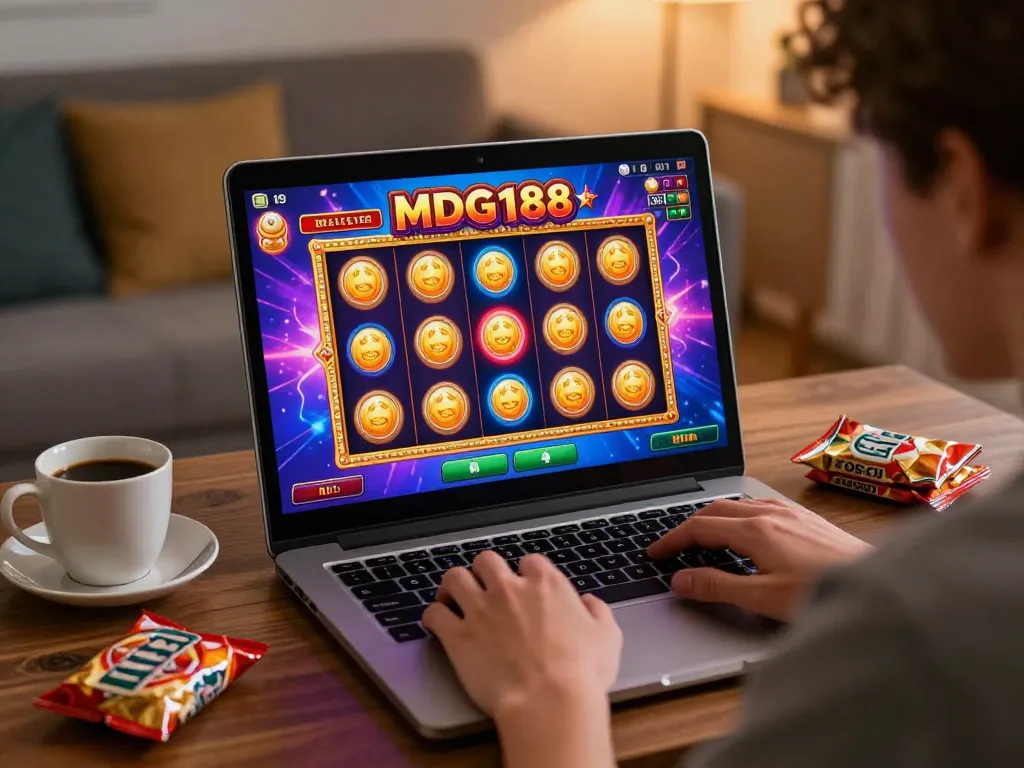 Engaging with MDG188 slo game interface on laptop while enjoying a cozy gaming experience at home