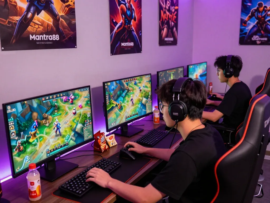 Intense online gaming session on mantra88, player engaged with colorful graphics and gaming gear.