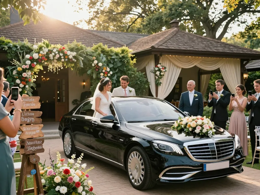 Thuê một chiếc Mercedes cho đám cưới của bạn, thể hiện một cặp đôi cô dâu chú rể thanh lịch bước ra từ chiếc S-Class sang trọng, được bao quanh bởi những trang trí hoa.
