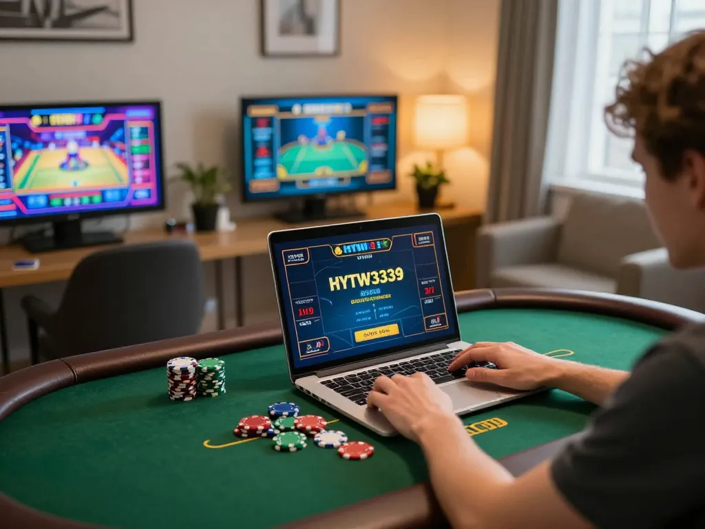 Player engaging with HYTW3339 online casino on a laptop, showcasing immersive gaming experience.