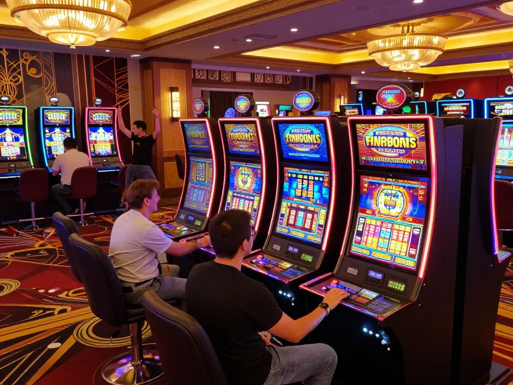Experience the thrills of slot deposit 1000 at colorful gaming machines in a vibrant casino.