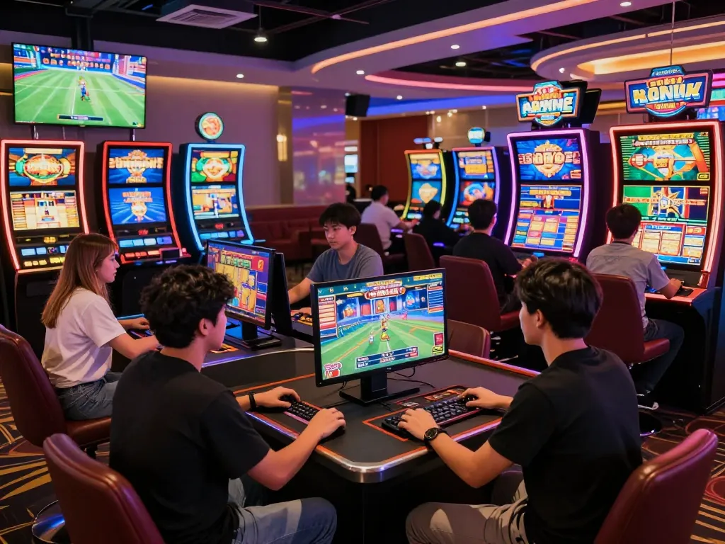 Exciting online gaming atmosphere at go88 with enthusiastic players and vibrant digital displays.