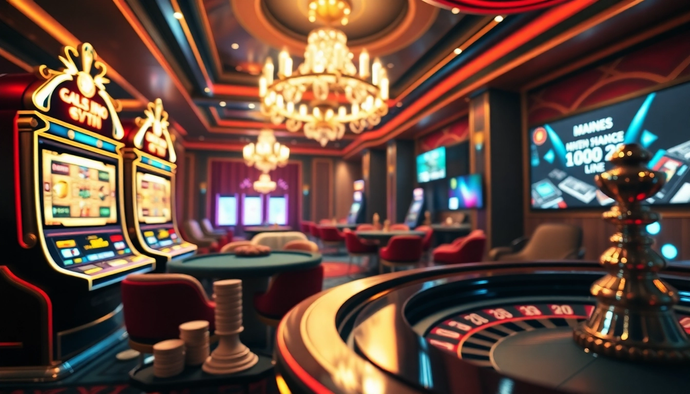 Des joueurs profitent de jeux palpitants dans un casino en ligne luxueux, mettant en avant des machines à sous élégantes et des tables de poker.