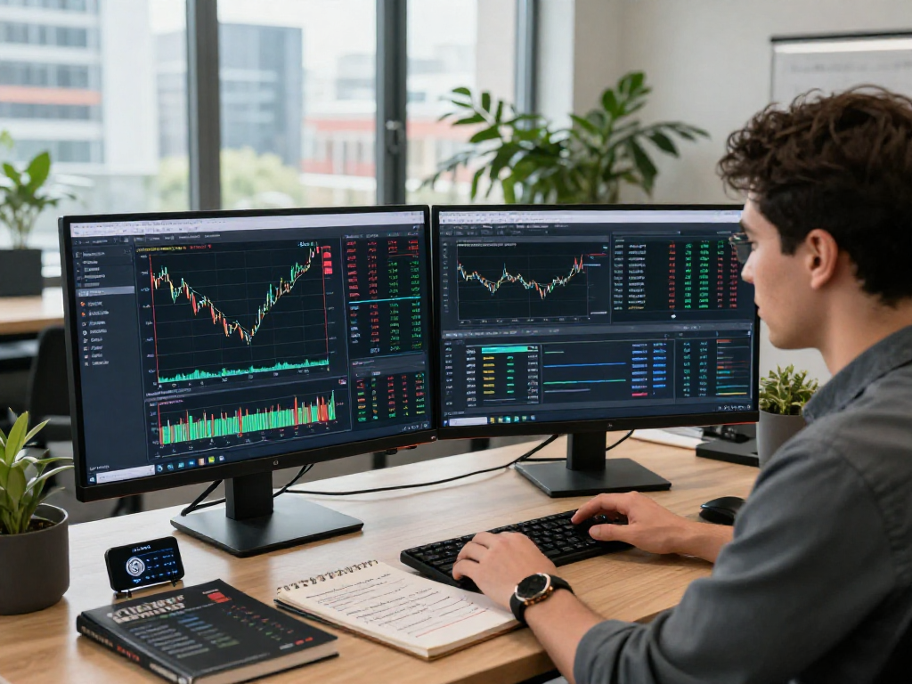 使用MetaTrader 5的交易者在现代办公室中分析市场深度和图表，展现多元化交易平台的专业性。