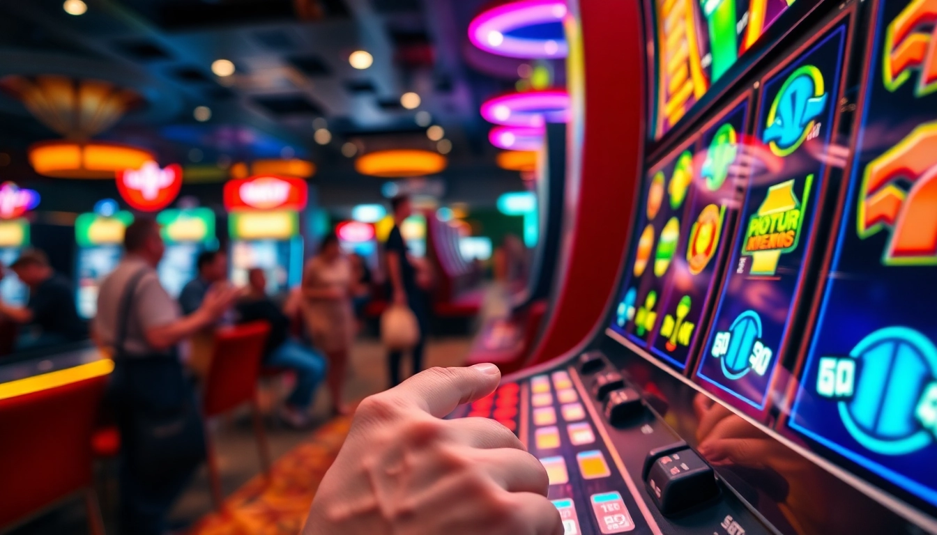 Hand on lever at slot jackpot machine in a vibrant casino setting with colorful symbols.