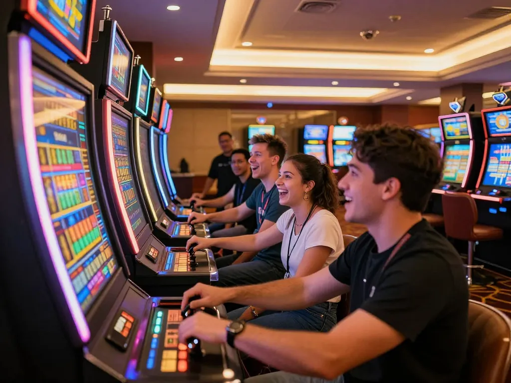 Engage in thrilling slot machine gameplay at boosterjp with vibrant lights and excited players.