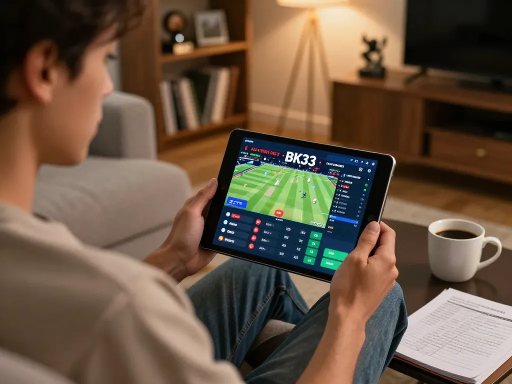 Online sports betting on BK33 with a user placing bets from home, showcasing live cricket matches.