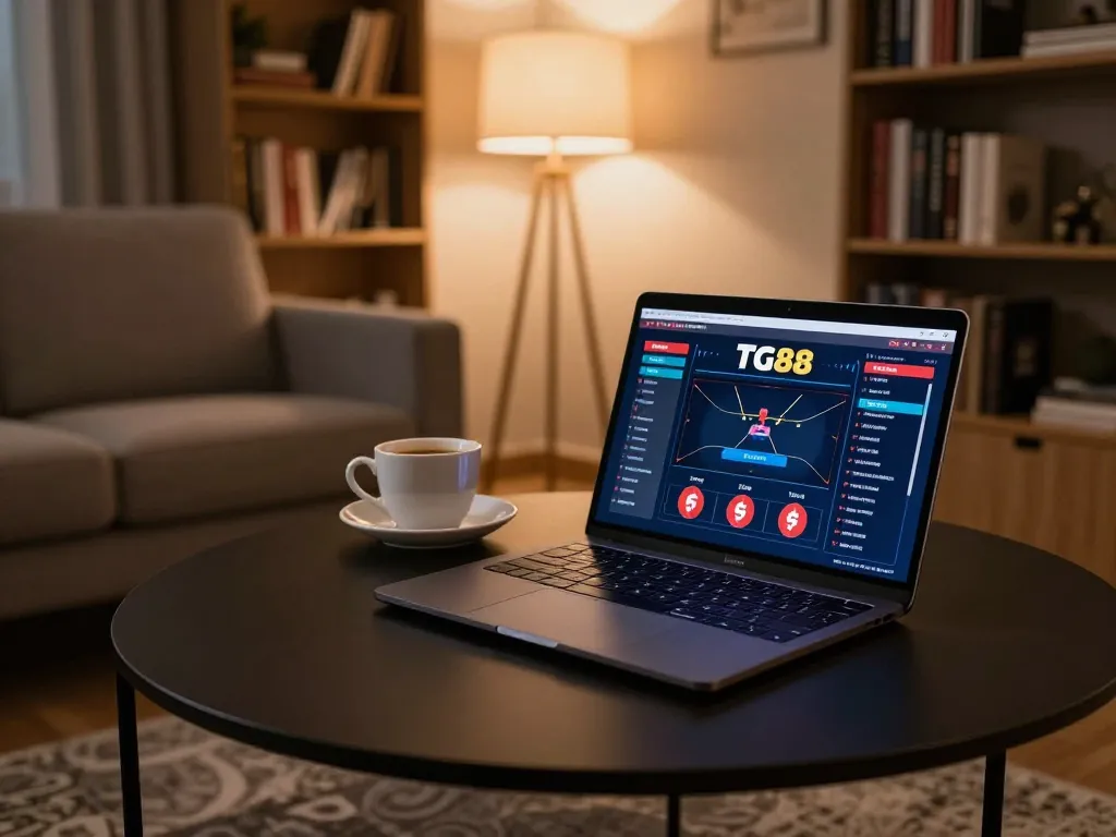 Play poker using TG88 on a laptop in a cozy living room, emphasizing responsible gaming.