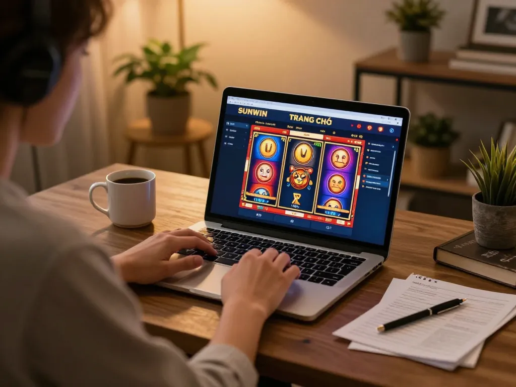 Engaging in online gaming on SUNWIN TRANG CHỦ with vibrant slots in a cozy setup