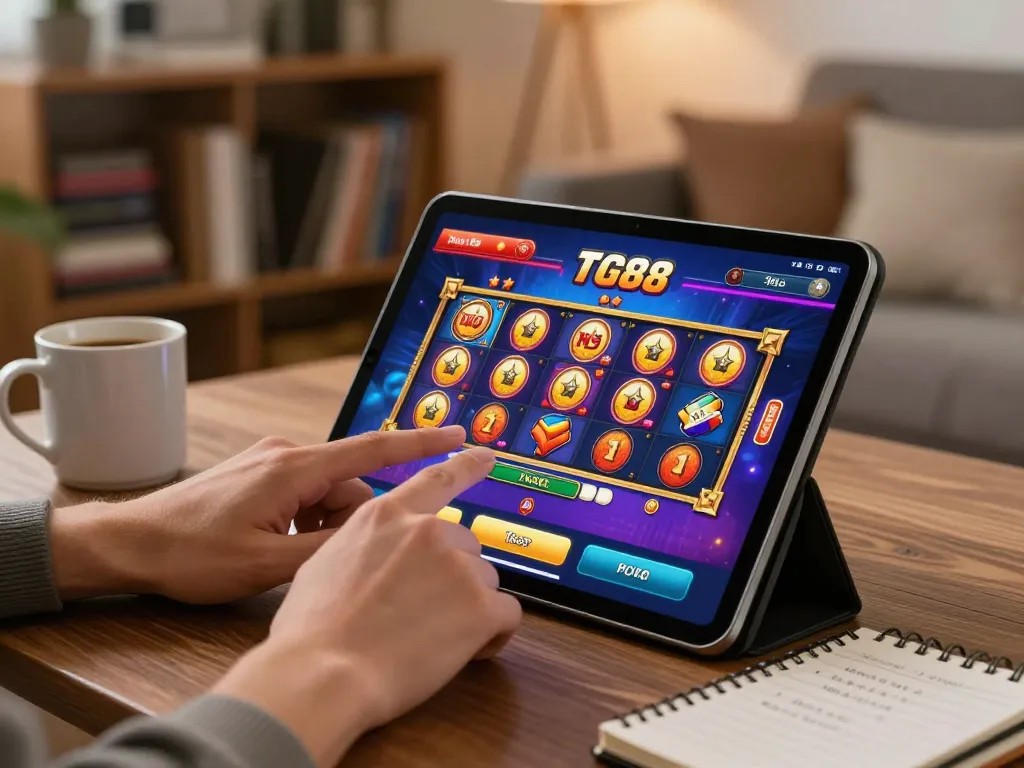 Player strategizing on the TG88 casino app in a cozy home setting, showcasing modern lifestyle gaming