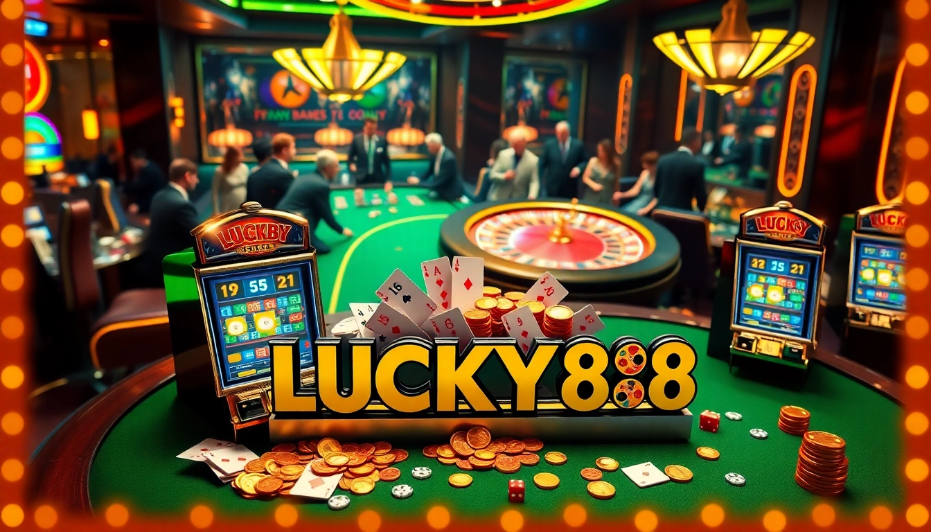 Experience the thrill of LUCKY88 with colorful slot machines and vibrant casino elements.