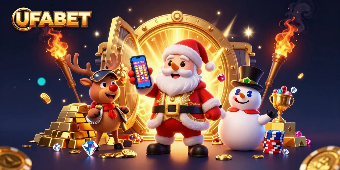Experience the excitement at UFABET with a vibrant casino scene featuring Santa and friends enjoying slot jackpots.