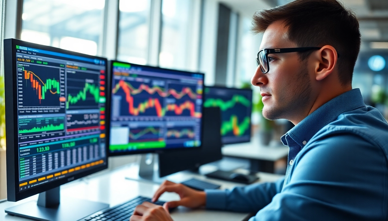 Engaged trader utilizing the charles schwab trading platform with multiple screens displaying stock data.