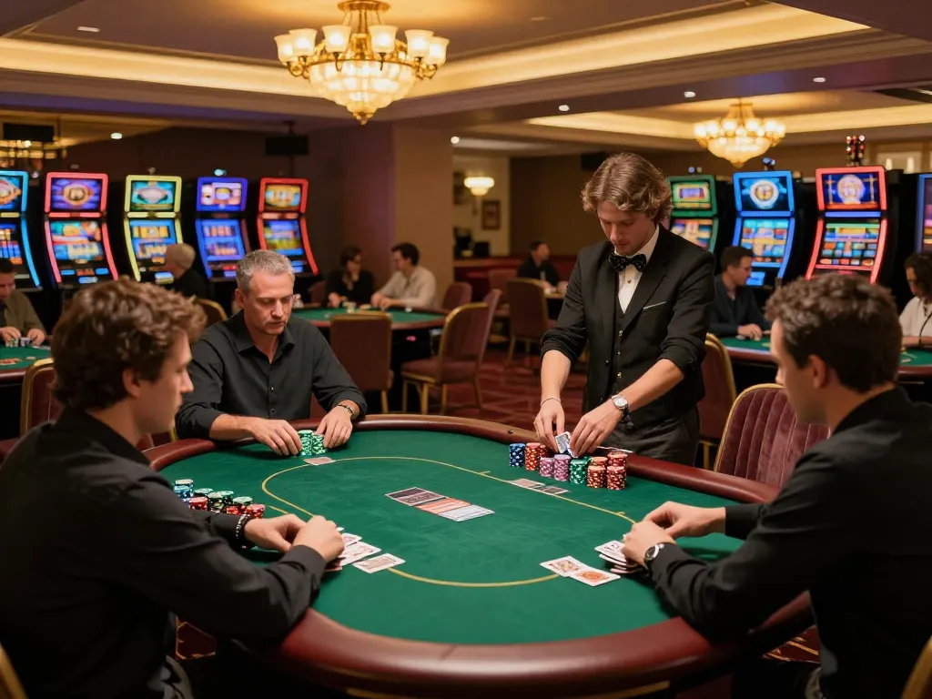 Engaged players at a fly88 poker table showing strategy in a lively casino setting.