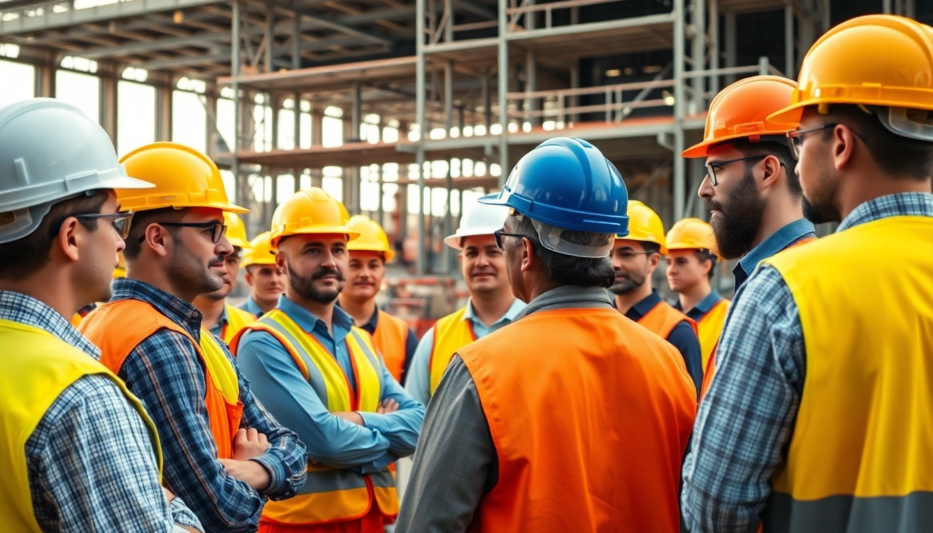 Workers demonstrating construction site safety during a safety briefing at a busy site.