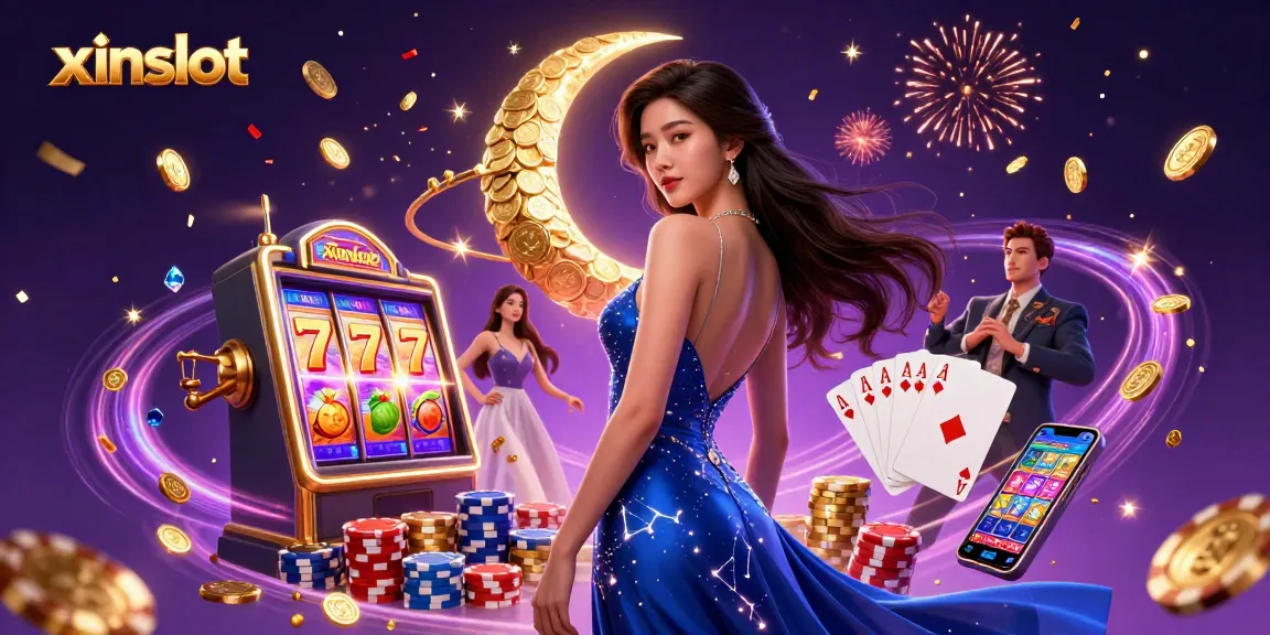 Experience the excitement of xinslot with vibrant slot reels and sparkling gems in this 3D casino scene.