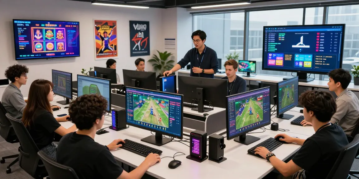 Engaged team discussing rokok88 rtp in a vibrant online gaming workspace with dynamic screens and collaborative atmosphere.