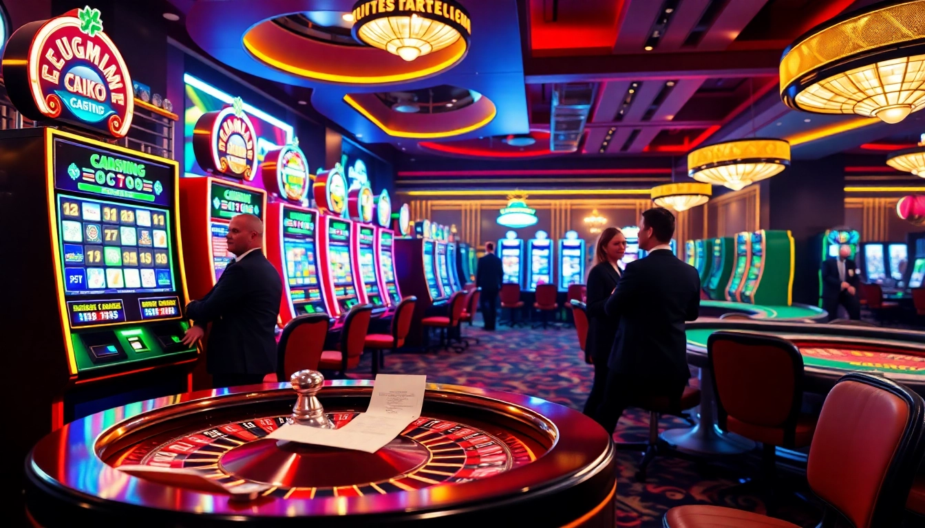 Players enjoying the excitement of viral4d at a luxurious casino with slot machines and roulette.