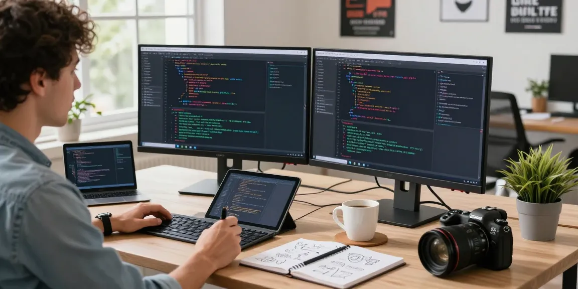 High-tech workspace focused on 截图软件下载 with developer coding, dual monitors, and natural light ambiance.