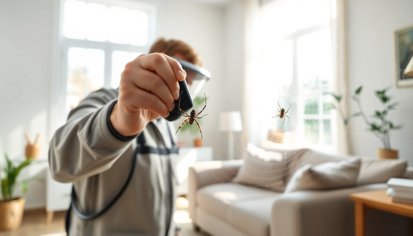 Implement spiders in house control by identifying spider locations in a bright and inviting home setting.