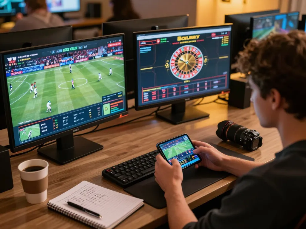 Engaging online sports betting scene showcasing interactive gameplay on https://gg88.shop/ with mobile displays and cozy setup.