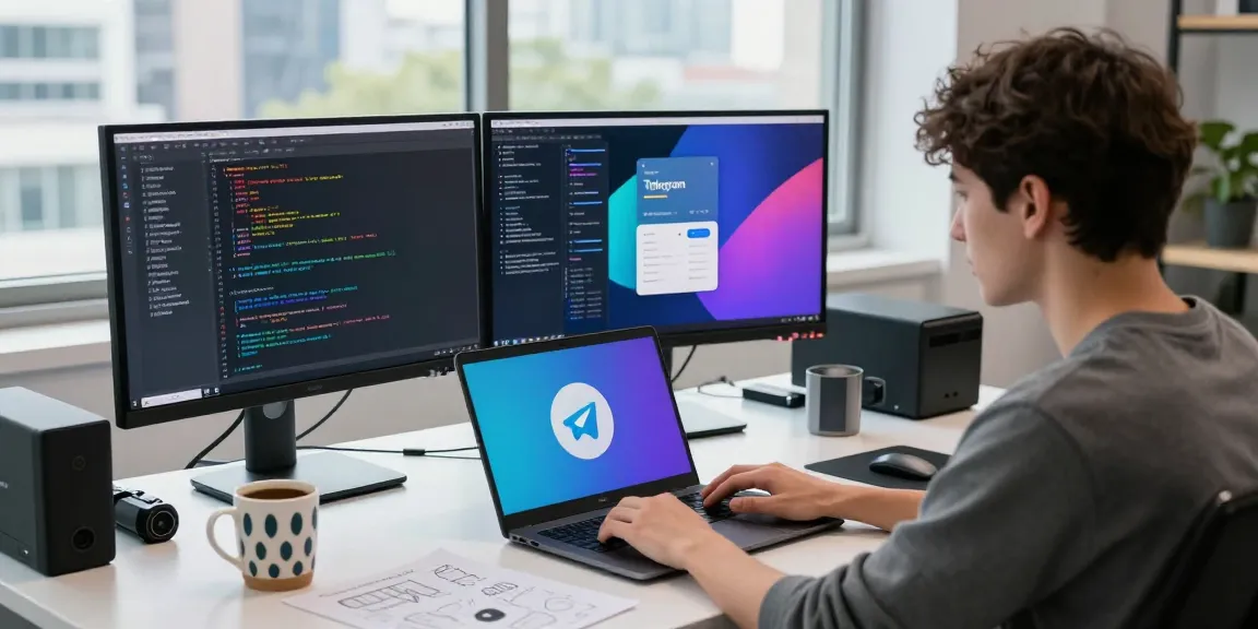 Engaging scene of 纸飞机下载 development with a focused developer at a tech workspace, showcasing code on dual monitors in a vibrant, modern environment.
